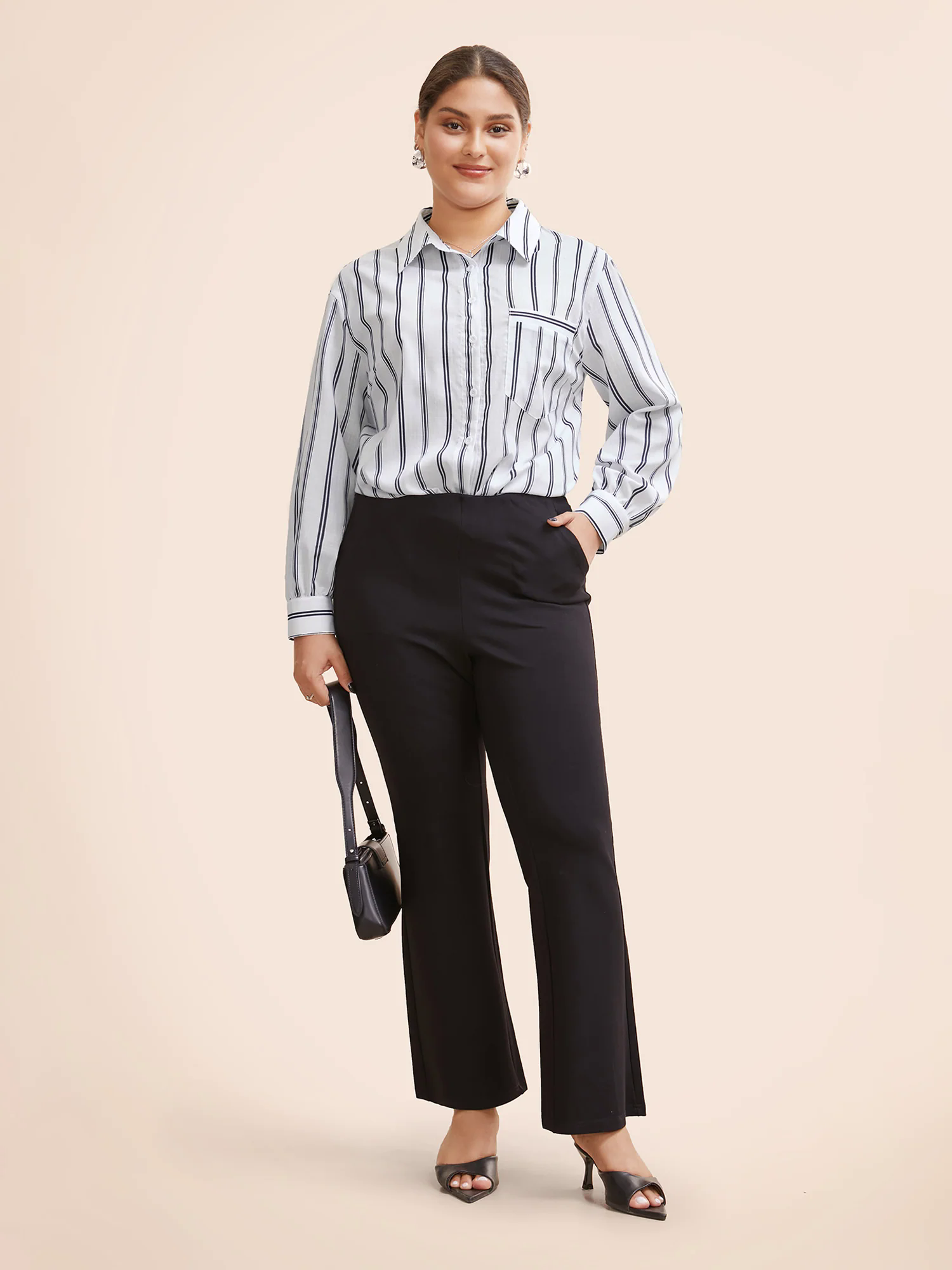 Shirt Collar Striped Patched Pocket Blouse Shirt Collar Striped Patched Pocket Blouse