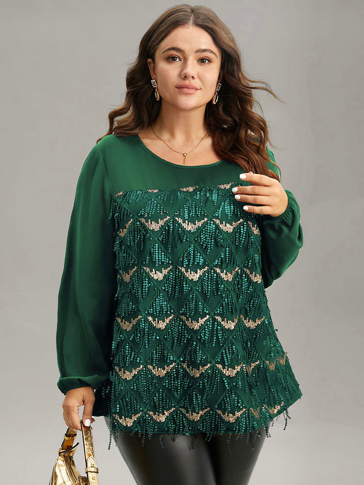 Sequin Tassel Trim Patchwork Lantern Sleeve Blouse Sequin Tassel Trim Patchwork Lantern Sleeve Blouse