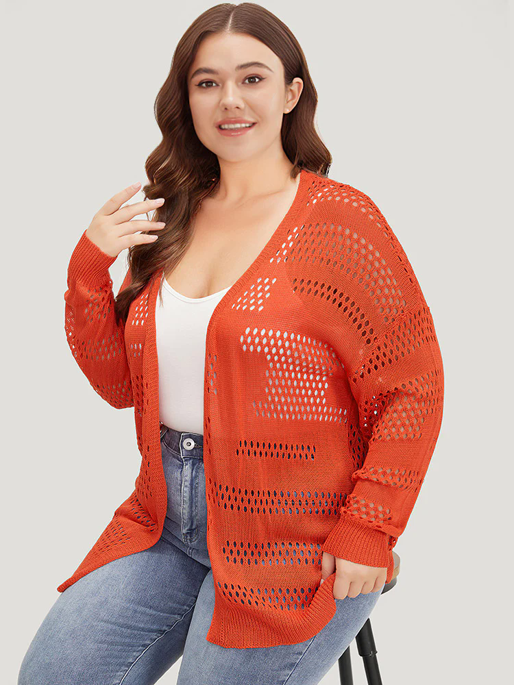 Plain Open Front Elastic Sleeve Cut Out Cardigan