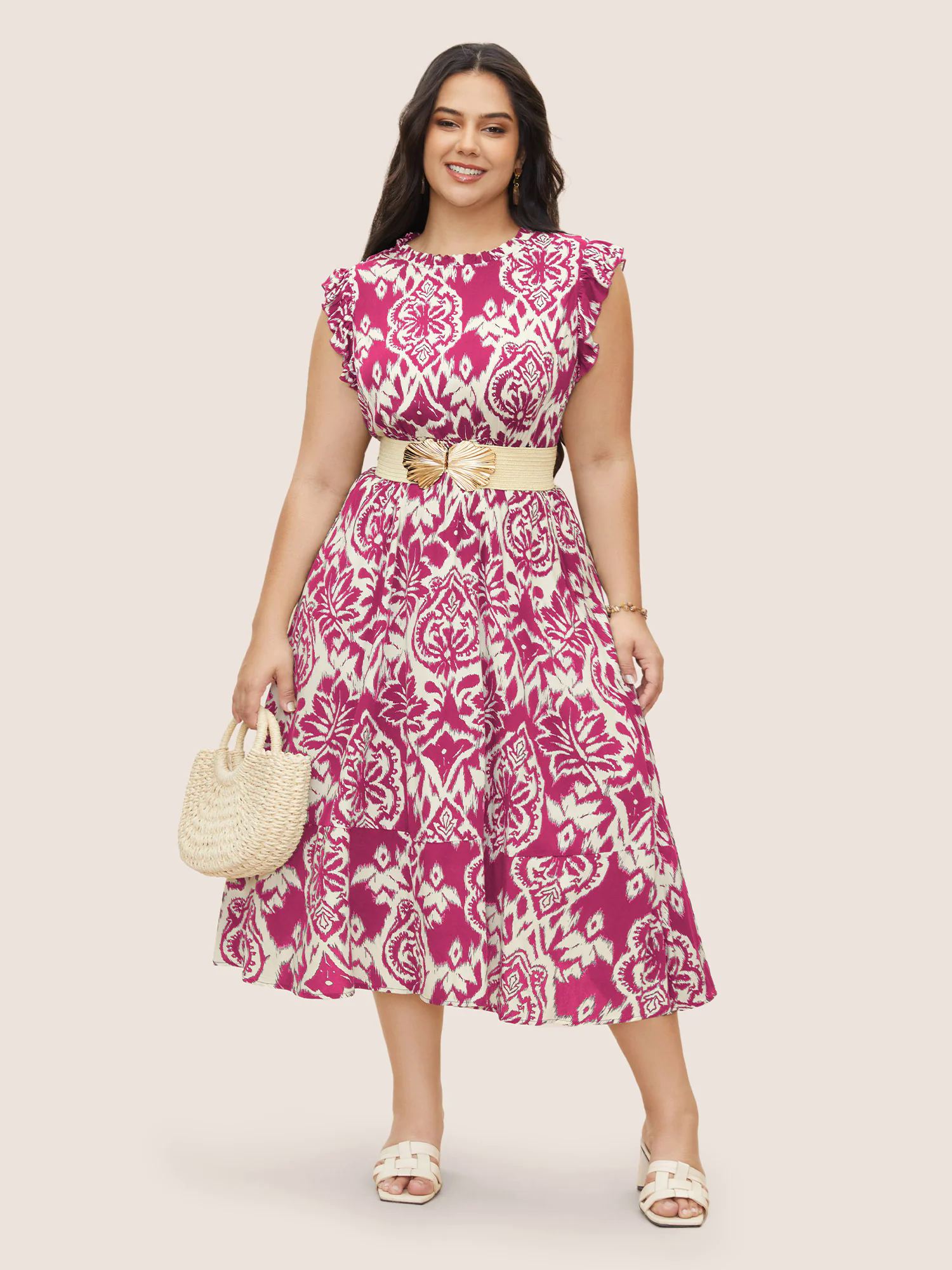 Boho Print Mock Neck Shirred Ruffle Cap Sleeve Dress Boho Print Mock Neck Shirred Ruffle Cap Sleeve Dress