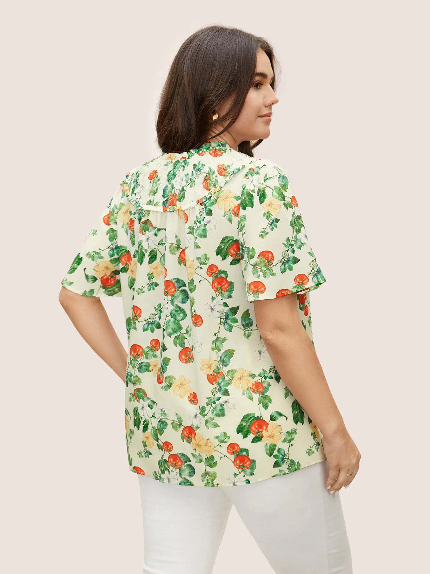Tomato Print Frill Trim Lace Up Blouse Tomato Print Frill Trim Lace Up Blouse