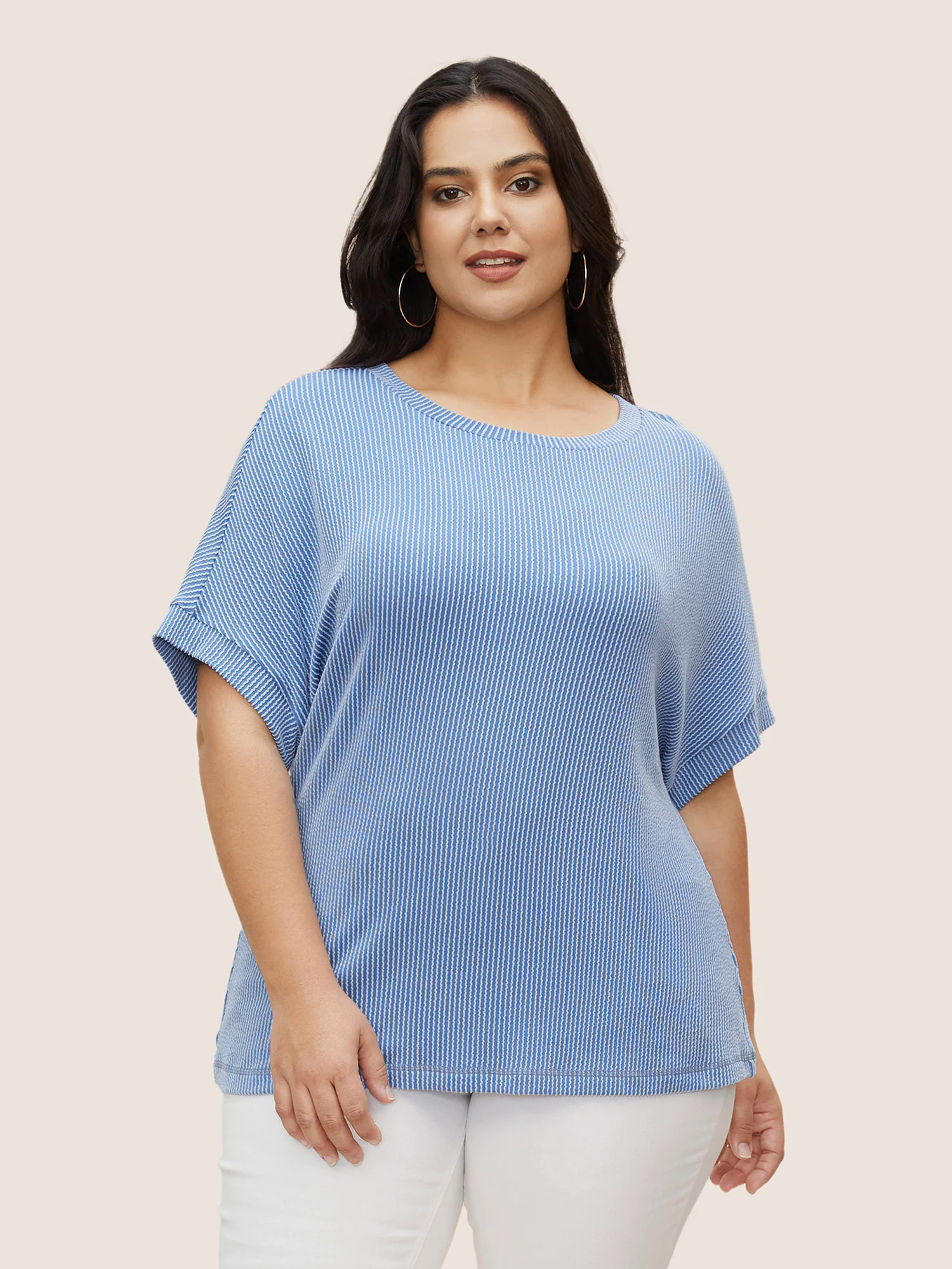 Striped Round Neck Batwing Sleeve T-shirt Striped Round Neck Batwing Sleeve T-shirt