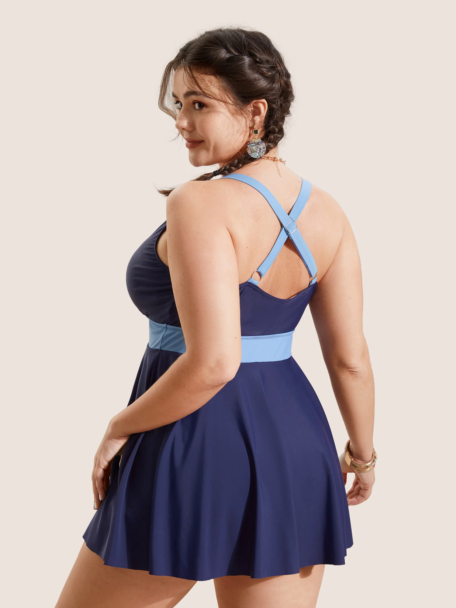 Two Tone Gathered Overlap Collar Swim Dress Two Tone Gathered Overlap Collar Swim Dress