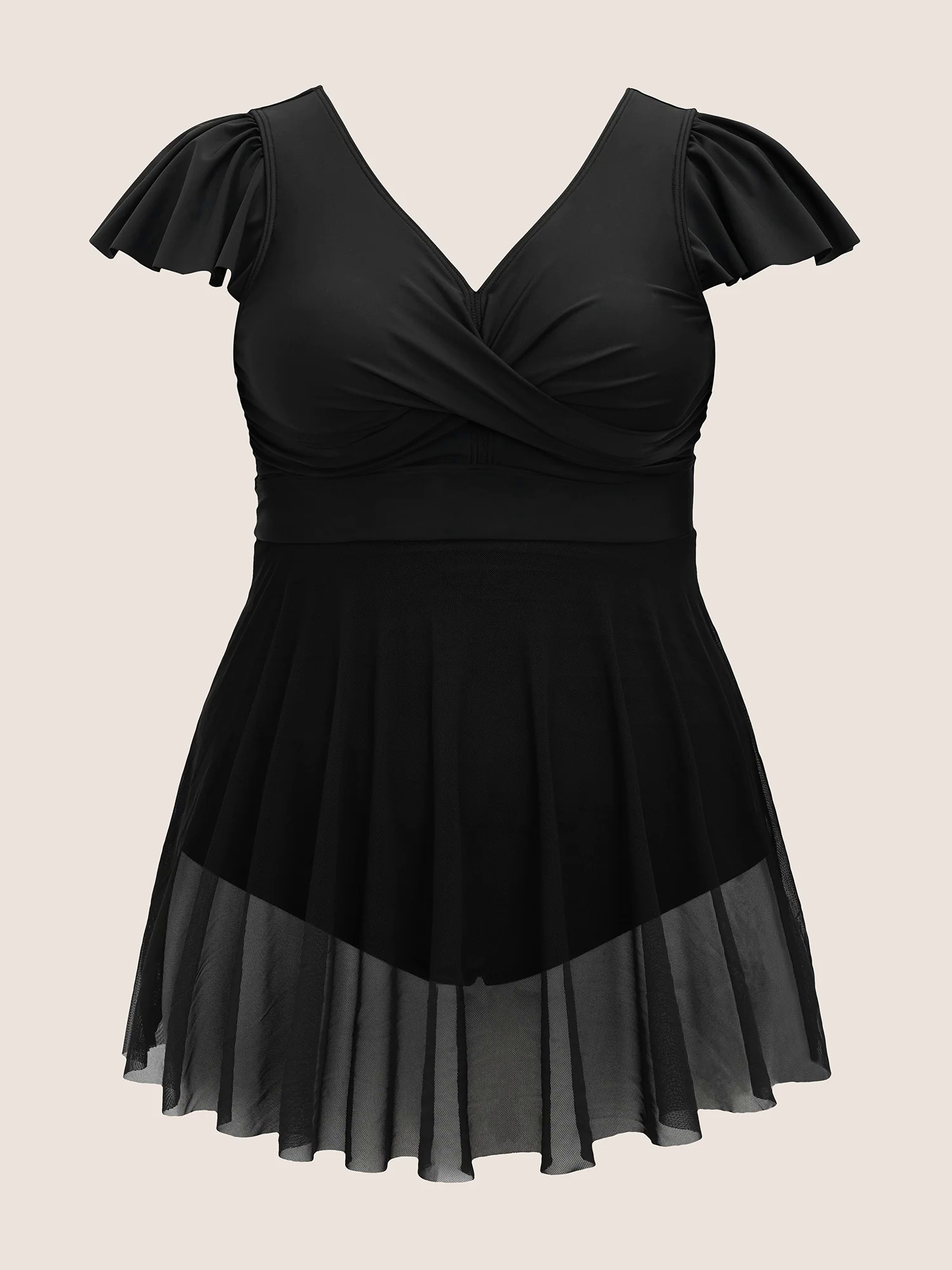 Solid Ruffles Gathered See Through Swim Dress Solid Ruffles Gathered See Through Swim Dress