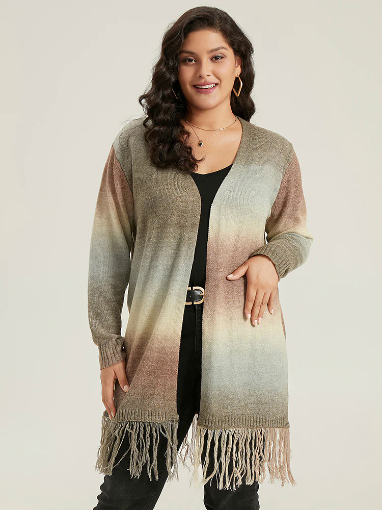 Ombre Fringe Trim Open Front Cardigan