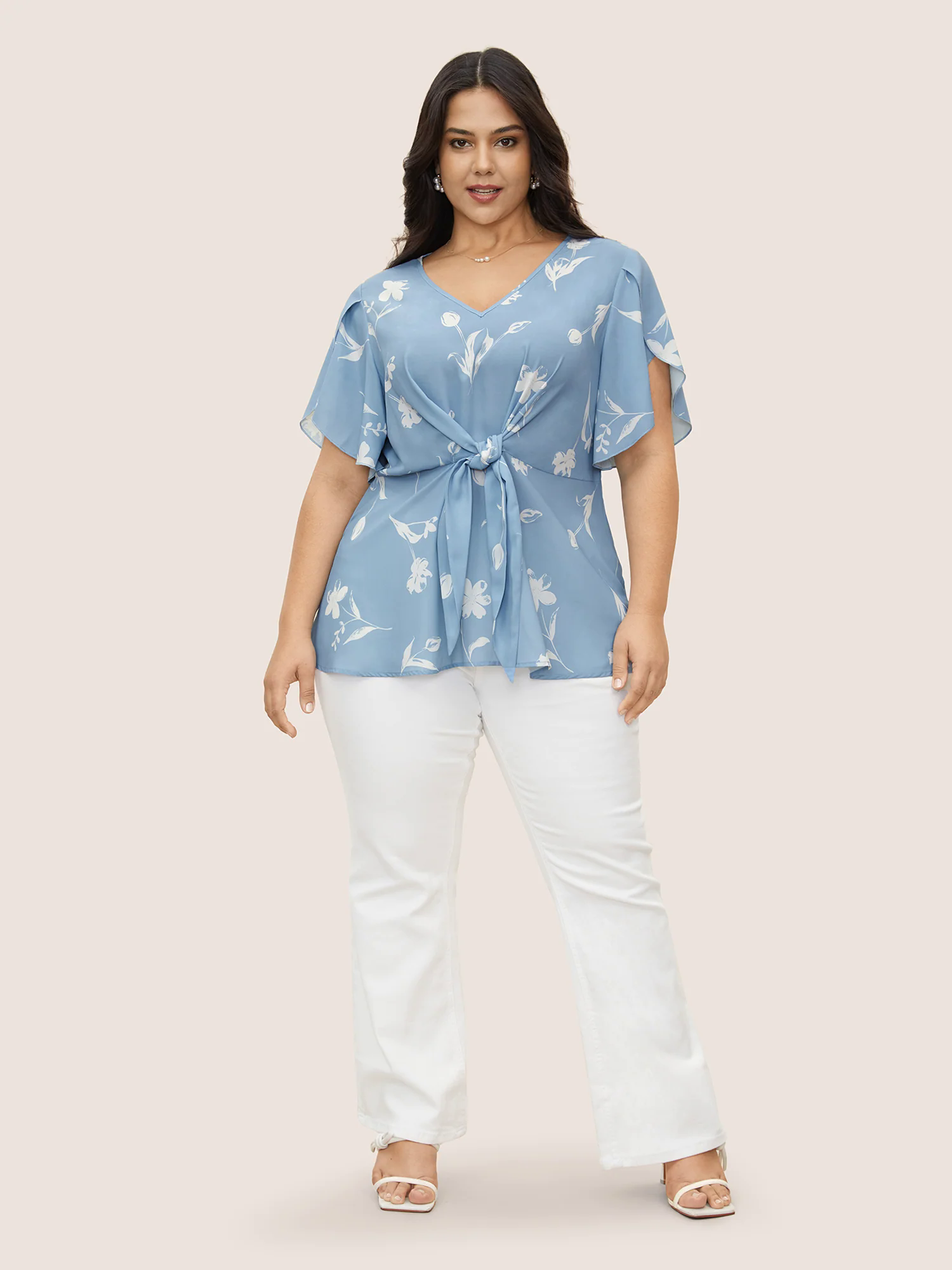 Floral Tie Knot Petal Sleeve Blouse Floral Tie Knot Petal Sleeve Blouse