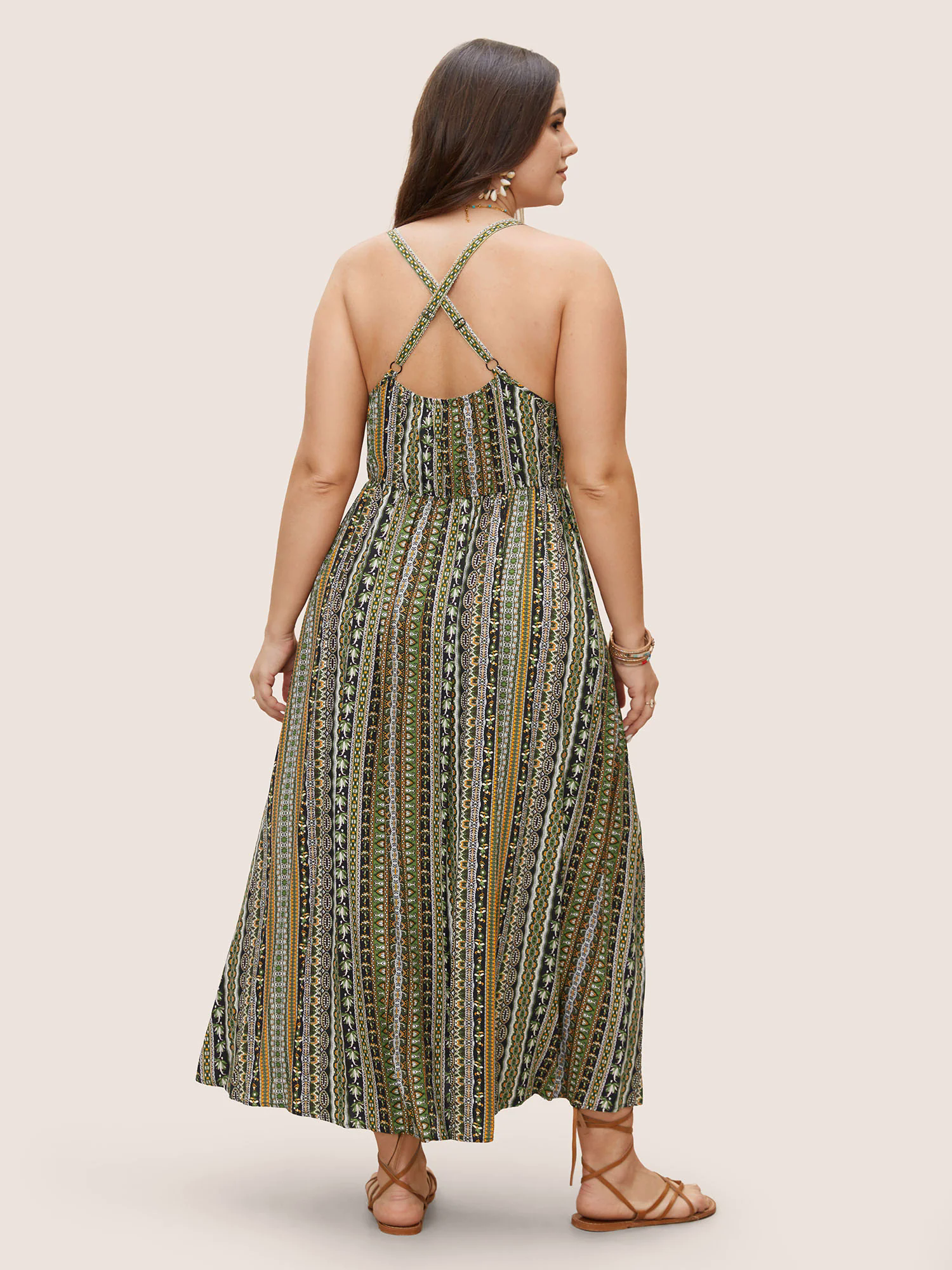 Boho Print Elastic Waist Split Hem Cami Dress