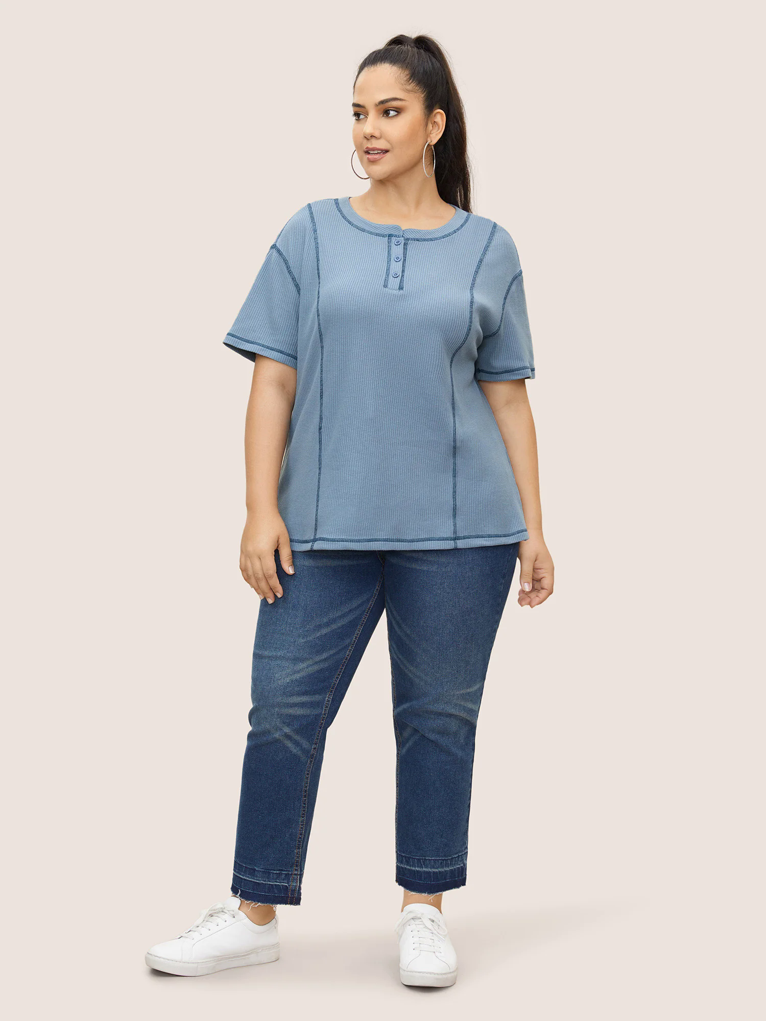Waffle Knit Round Neck Button Up T-shirt Waffle Knit Round Neck Button Up T-shirt