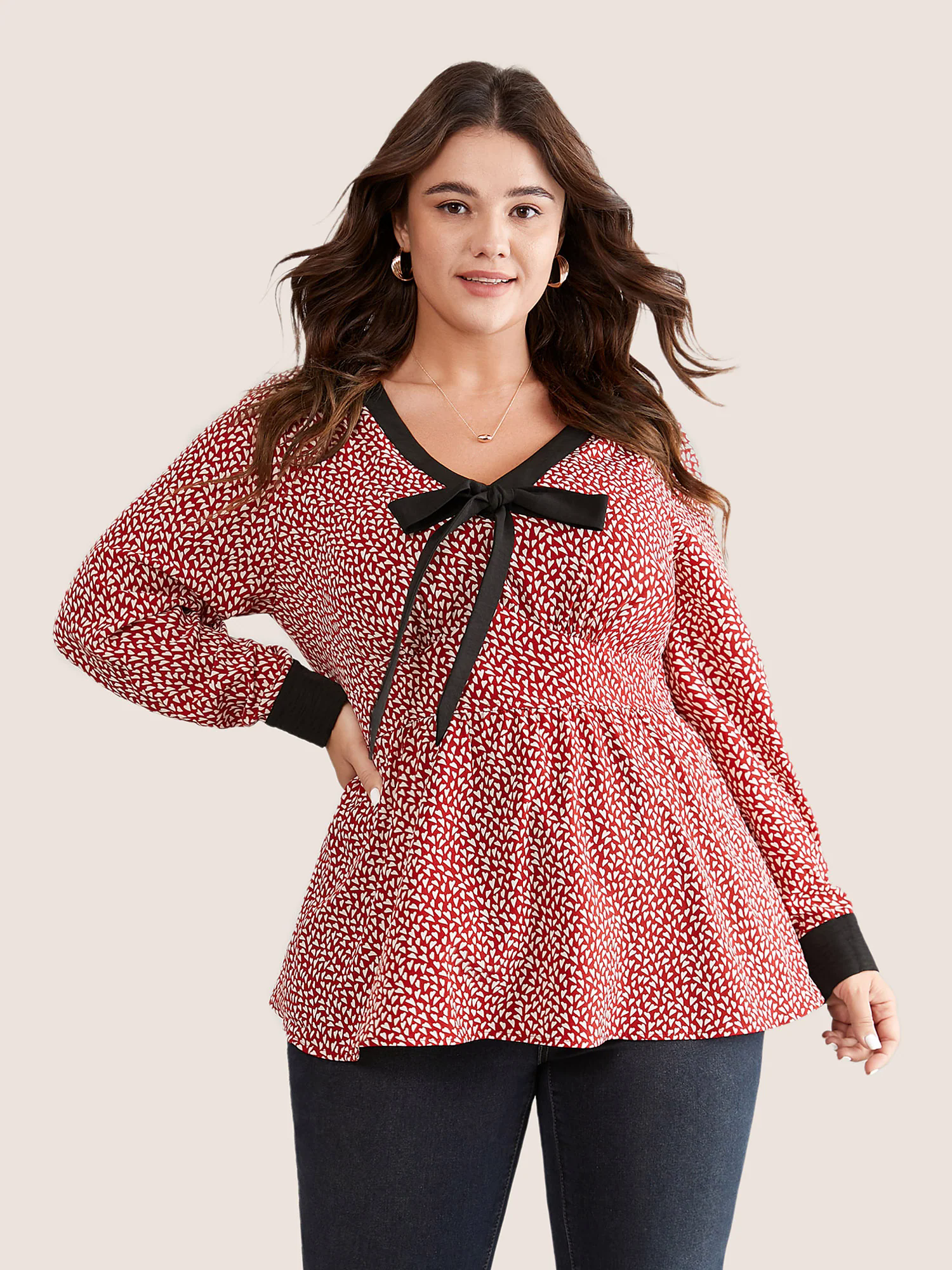 Heart Print Bowknot Elastic Waist Blouse