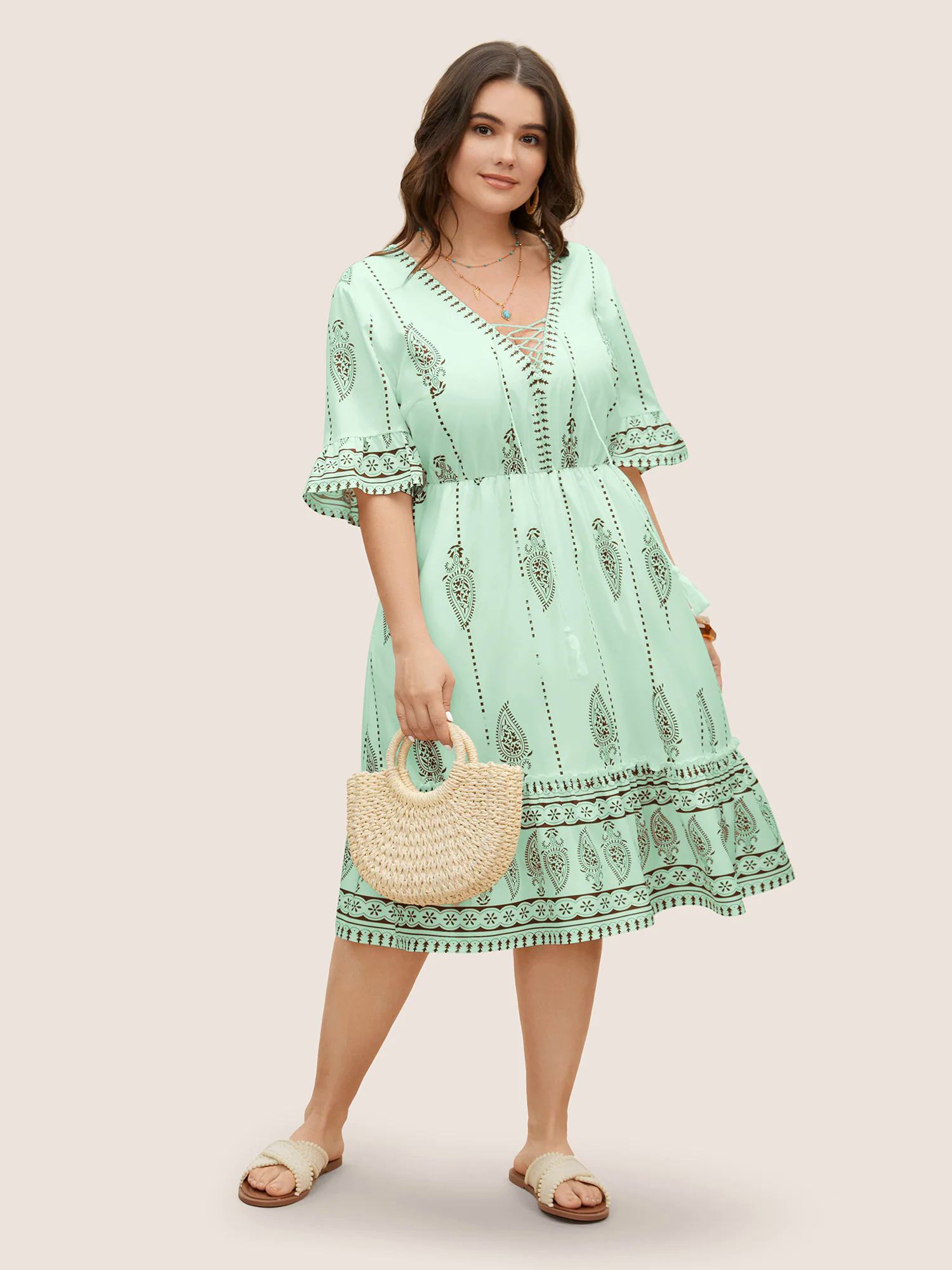 Boho Print Cross Straps Tassels Ruffles Dress Boho Print Cross Straps Tassels Ruffles Dress
