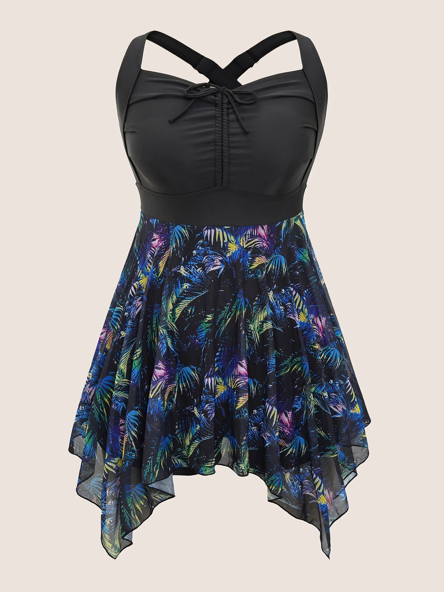 Tropical Ruched Ties Hanky Hem Crisscross Swim Dress Tropical Ruched Ties Hanky Hem Crisscross Swim Dress