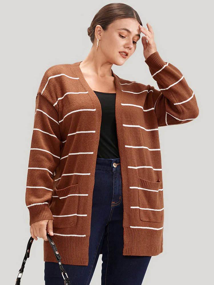 Striped Pointelle Knit Button Side Pocket Open Front Cardigan