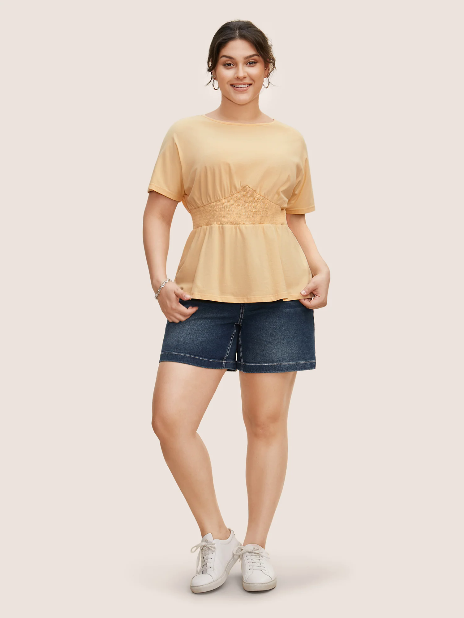 Cotton Crew Neck Shirred Batwing Sleeve T-shirt Cotton Crew Neck Shirred Batwing Sleeve T-shirt