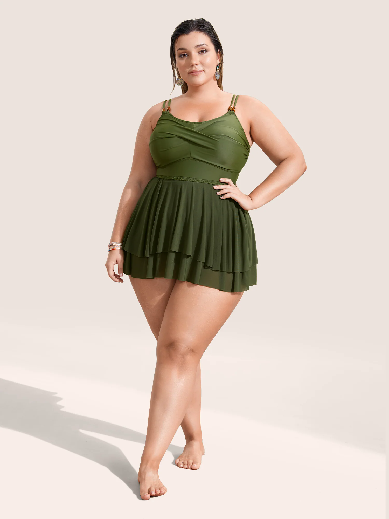 Solid Twist Front Tiered Hem Swim Dress Solid Twist Front Tiered Hem Swim Dress