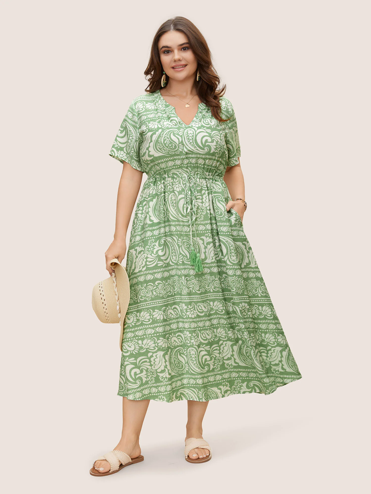 Boho Print Drawstring Tassels Midi Dress