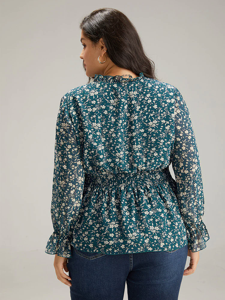 Ditsy Floral Chiffon Shirred Ruffles Frill Trim Blouse Ditsy Floral Chiffon Shirred Ruffles Frill Trim Blouse