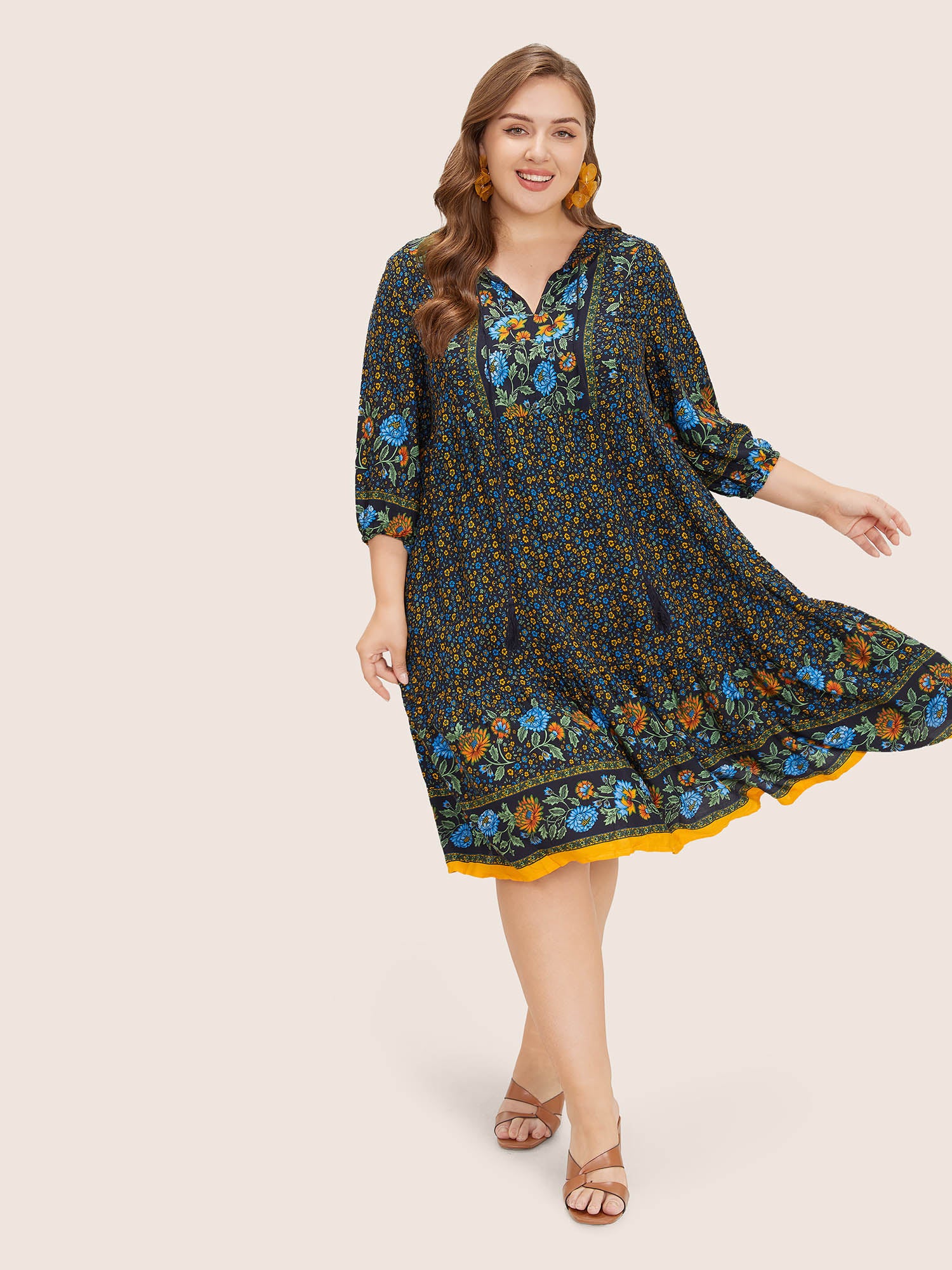 Bandana Tassels Lantern Sleeve Ruffle Pocket Keyhole Neck Dress Bandana Tassels Lantern Sleeve Ruffle Pocket Keyhole Neck Dress