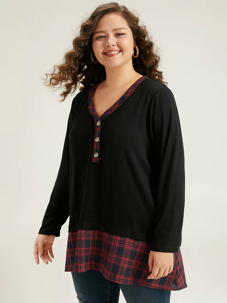 Plaid Patchwork Button Through T-shirt Plaid Patchwork Button Through T-shirt