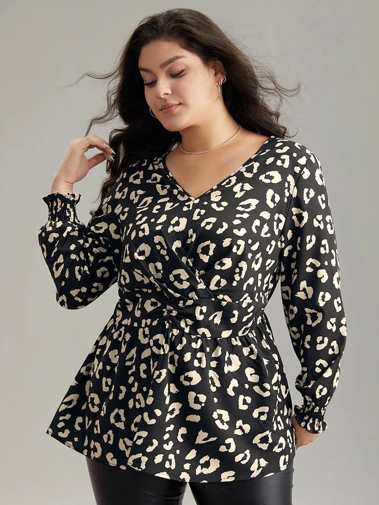 Leopard Print Crossover Ruched Shirred Blouse
