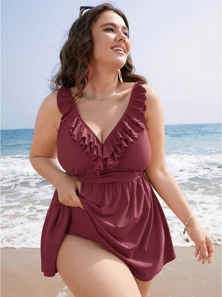 Ruffle Trim Adjustable Straps Gathered Sculpt Waist Swim Dress Ruffle Trim Adjustable Straps Gathered Sculpt Waist Swim Dress