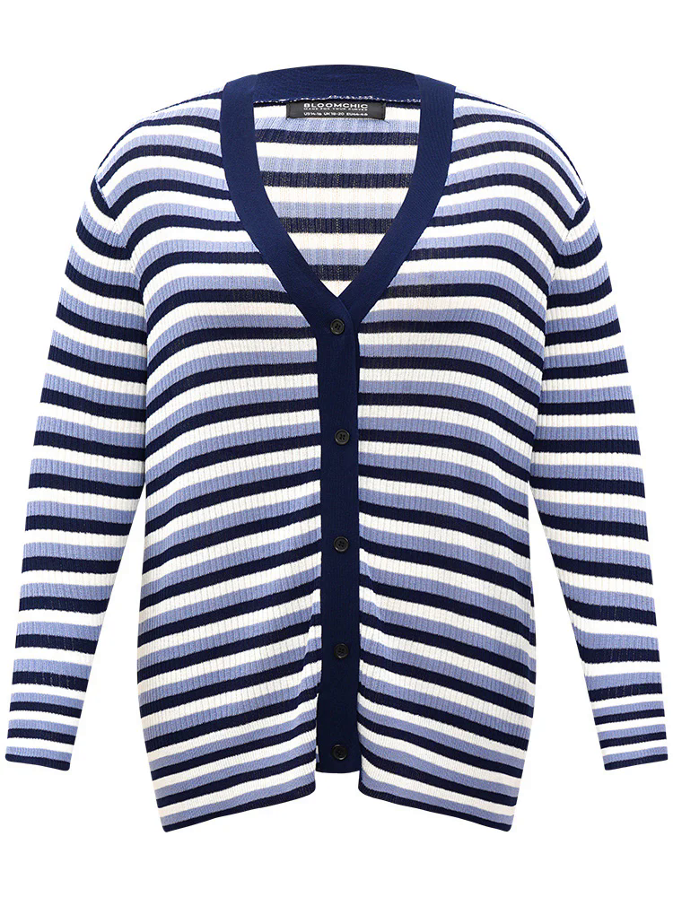 Contrast Striped Rib Knit Button Through Cardigan
