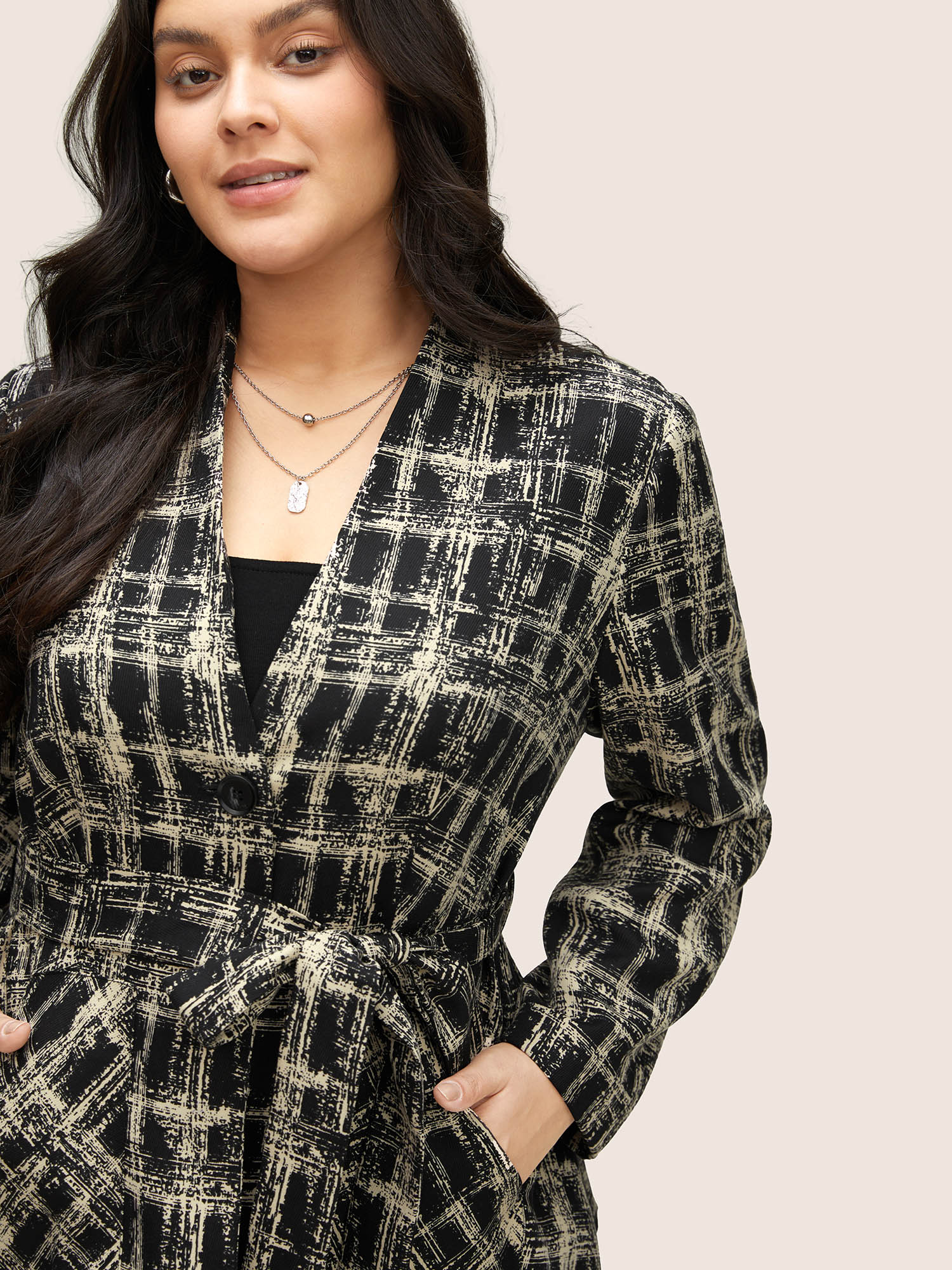 Geometric Pocket Belted Lined Blazer