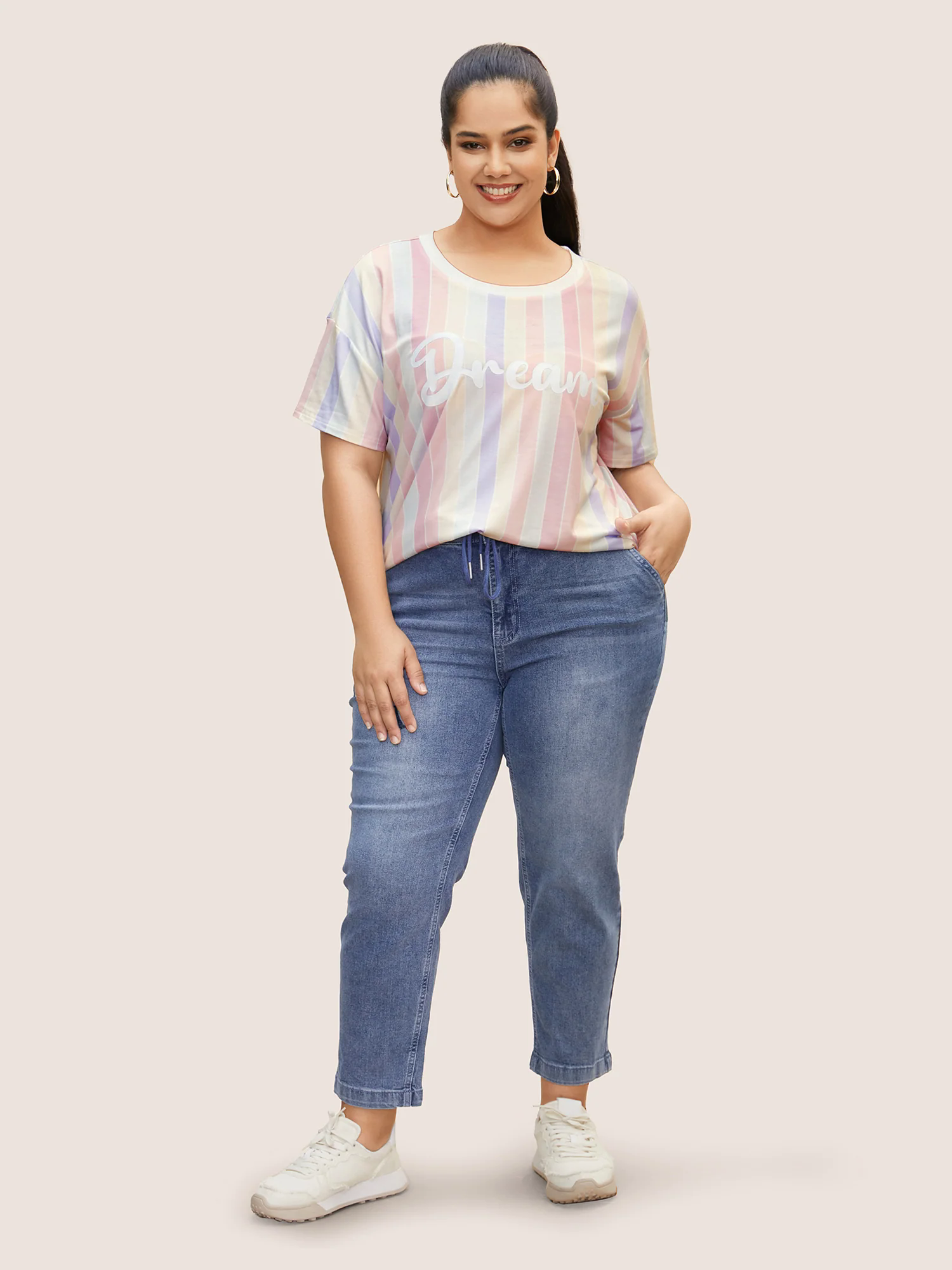 Round Neck Colored Striped Letter Print T-shirt Round Neck Colored Striped Letter Print T-shirt