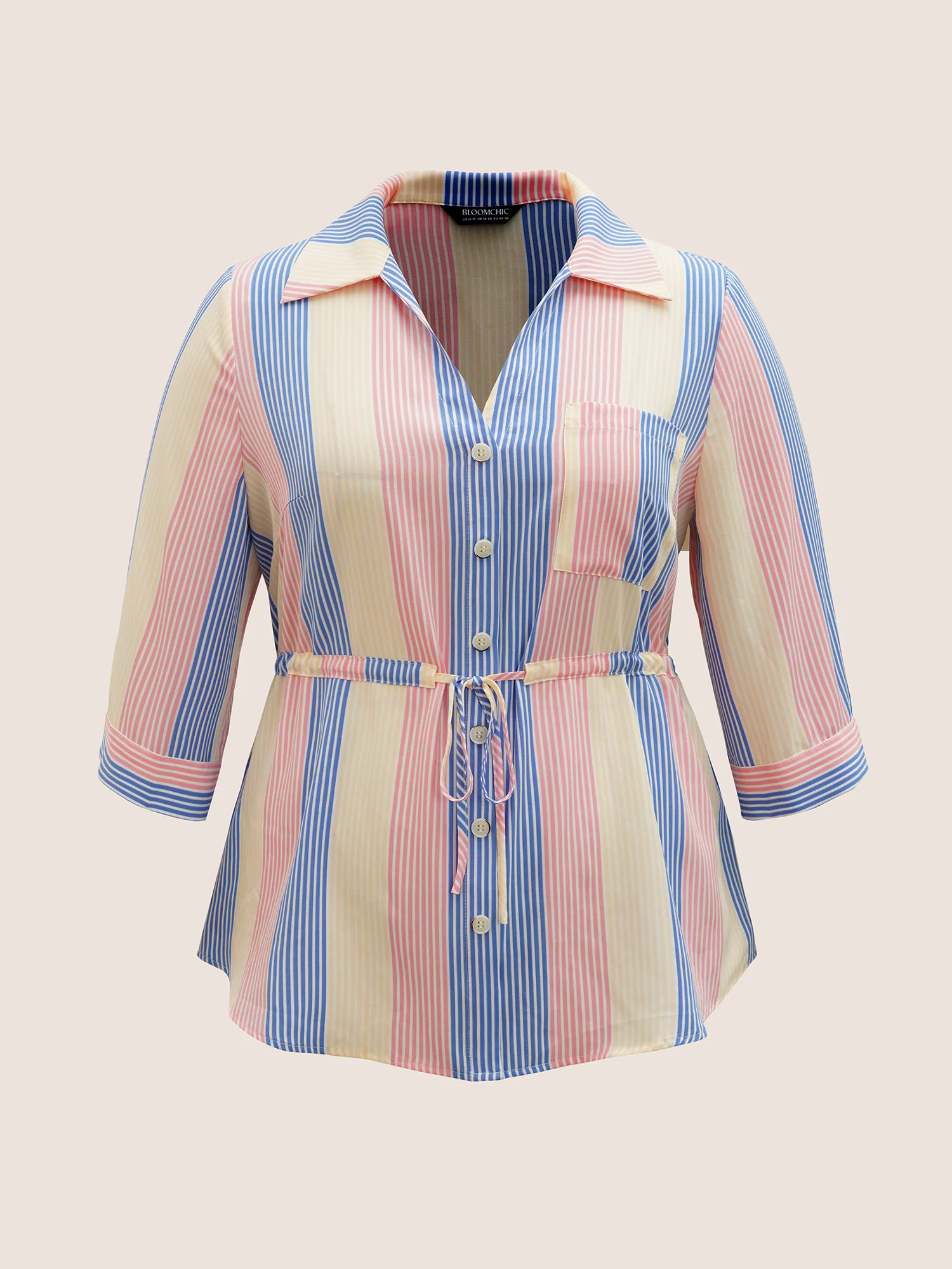 Contrast Striped Drawstring Patched Pocket Blouse Contrast Striped Drawstring Patched Pocket Blouse