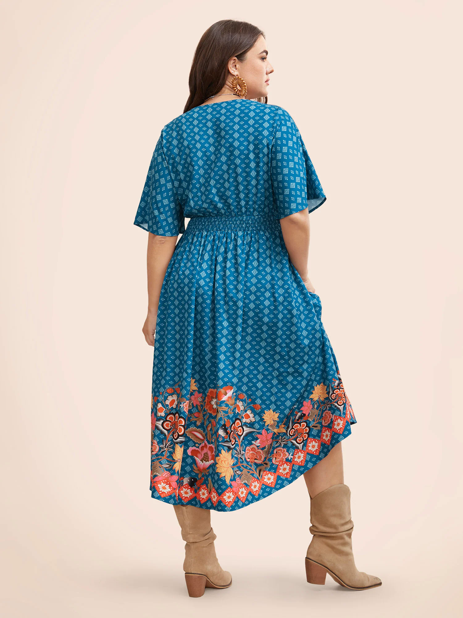 Boho Print Shirred Pleated Dolman Sleeve Dress Boho Print Shirred Pleated Dolman Sleeve Dress