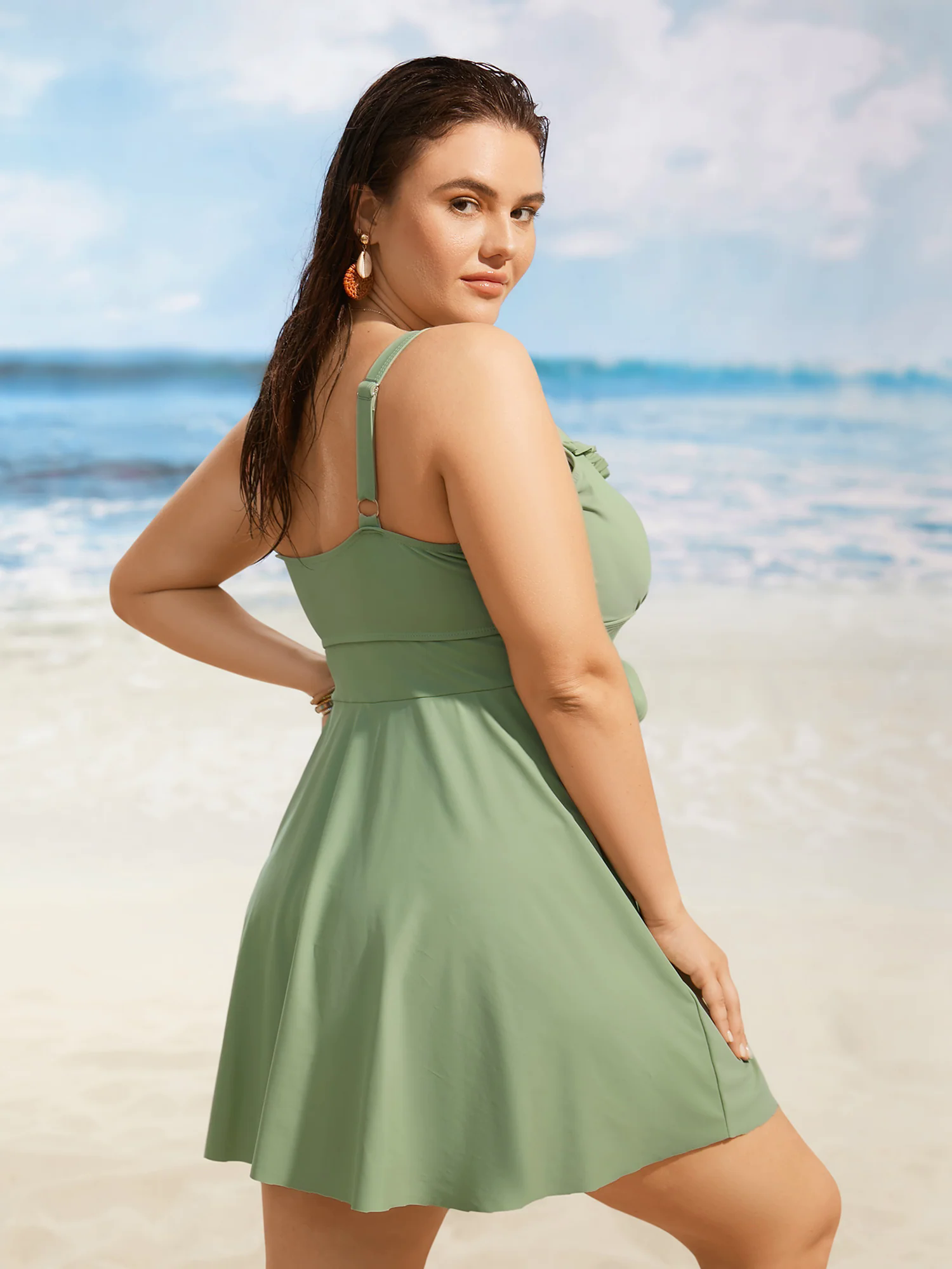 Floral Embroidered Frill Trim Tie knot Swim Dress Floral Embroidered Frill Trim Tie knot Swim Dress