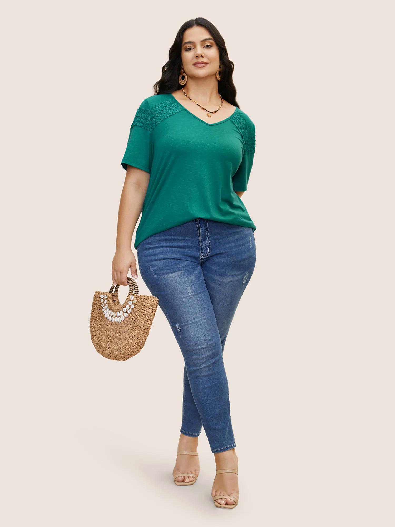 Plain V Neck Lace Panel T-shirt Plain V Neck Lace Panel T-shirt