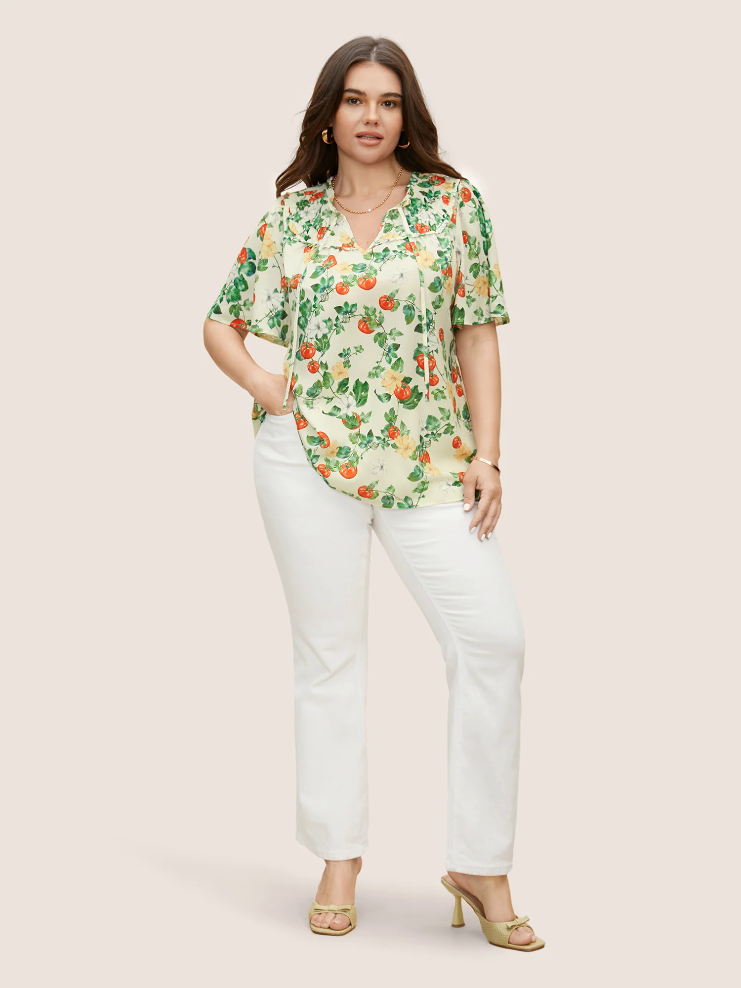 Tomato Print Frill Trim Lace Up Blouse Tomato Print Frill Trim Lace Up Blouse