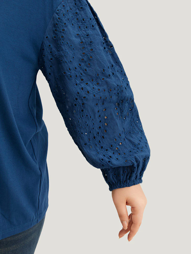 V Neck Broderie Anglaise Patchwork Lantern Sleeve T-shirt V Neck Broderie Anglaise Patchwork Lantern Sleeve T-shirt