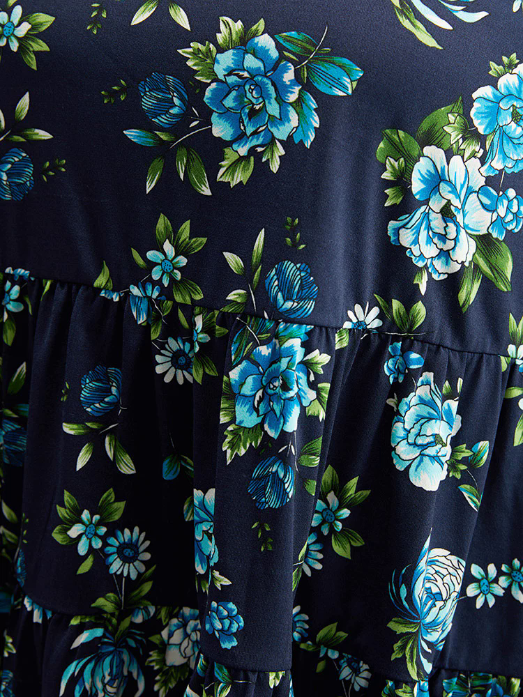 Floral Print Flutter Hem Gathered T-shirt Floral Print Flutter Hem Gathered T-shirt
