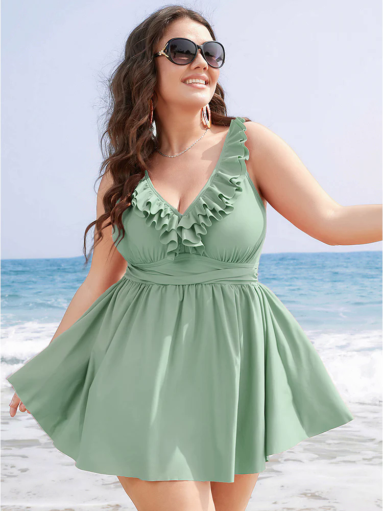 Ruffle Trim Adjustable Straps Gathered Sculpt Waist Swim Dress Ruffle Trim Adjustable Straps Gathered Sculpt Waist Swim Dress