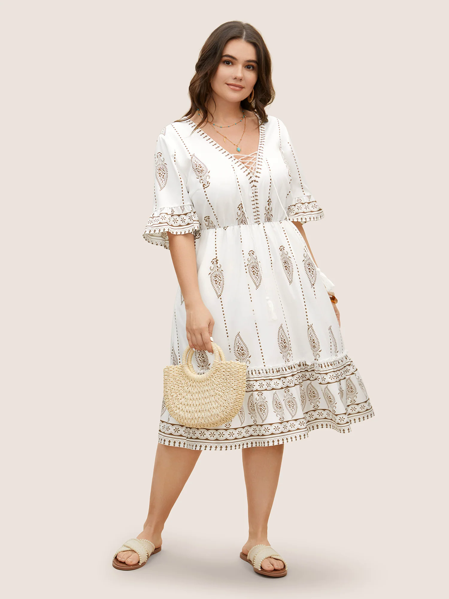 Boho Print Cross Straps Tassels Ruffles Dress