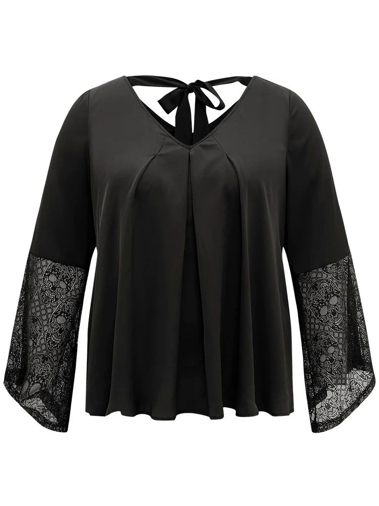 Halloween Lace Patchwork Ties Bell Sleeve Blouse Halloween Lace Patchwork Ties Bell Sleeve Blouse