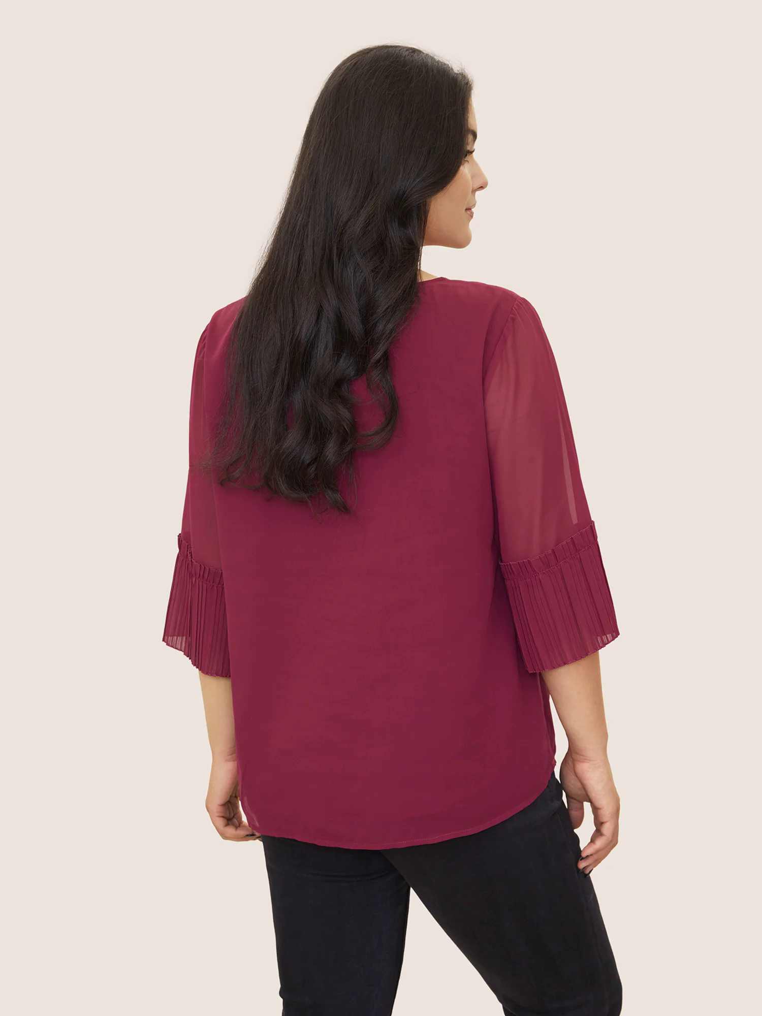 Solid Pleated Patchwork Mesh Bell Sleeve Blouse Solid Pleated Patchwork Mesh Bell Sleeve Blouse