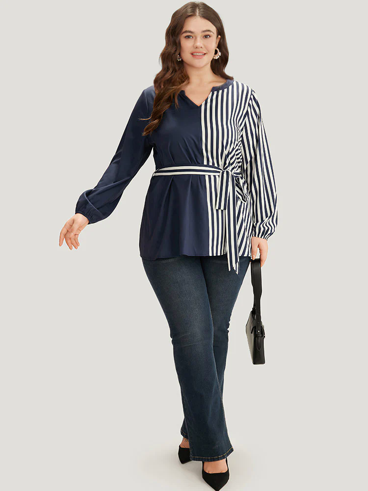 Striped Patchwork Notched Belted Lantern Sleeve Blouse Striped Patchwork Notched Belted Lantern Sleeve Blouse