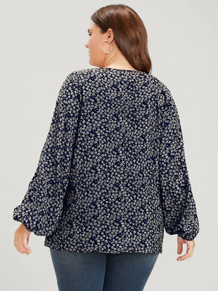 Ditsy Floral Lantern Sleeve Ties V Neck Blouse Ditsy Floral Lantern Sleeve Ties V Neck Blouse