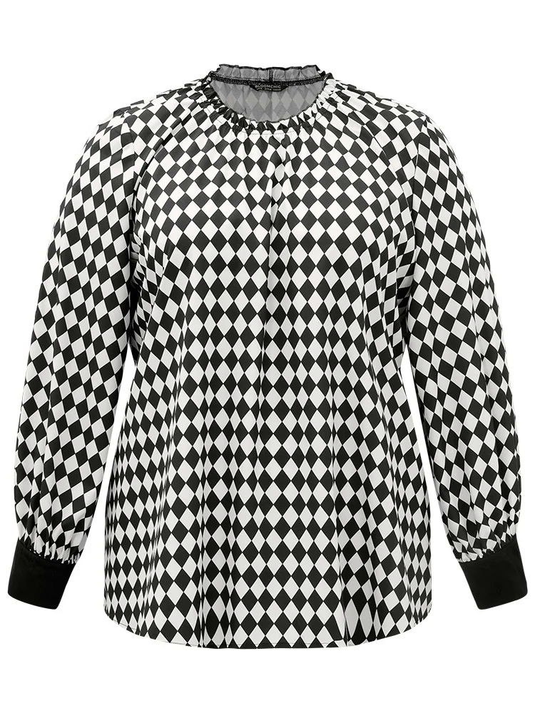 Halloween Check Frill Trim Gathered Patchwork Blouse Halloween Check Frill Trim Gathered Patchwork Blouse