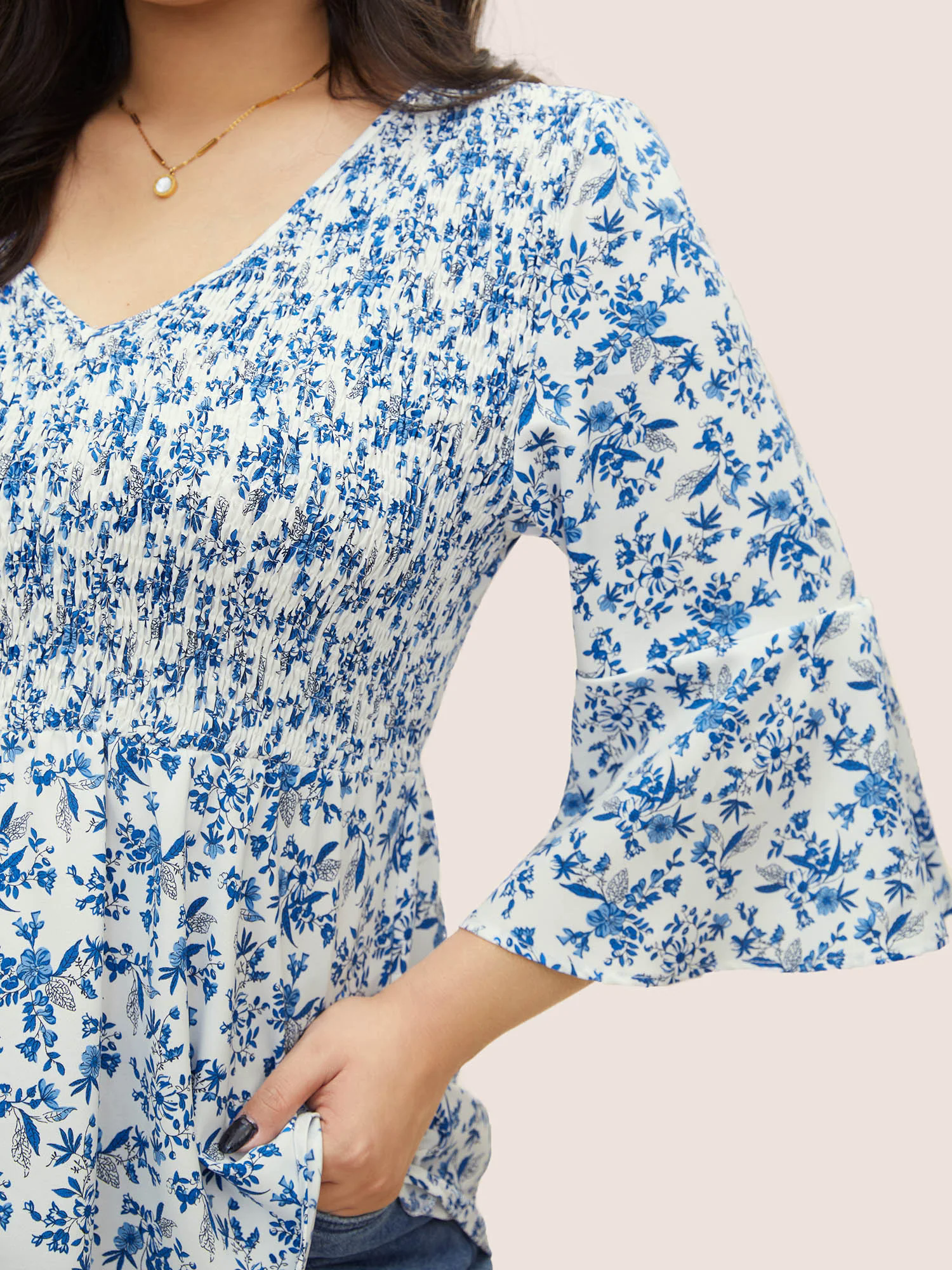 Ditsy Floral Shirred Ruffle Sleeve Blouse Ditsy Floral Shirred Ruffle Sleeve Blouse