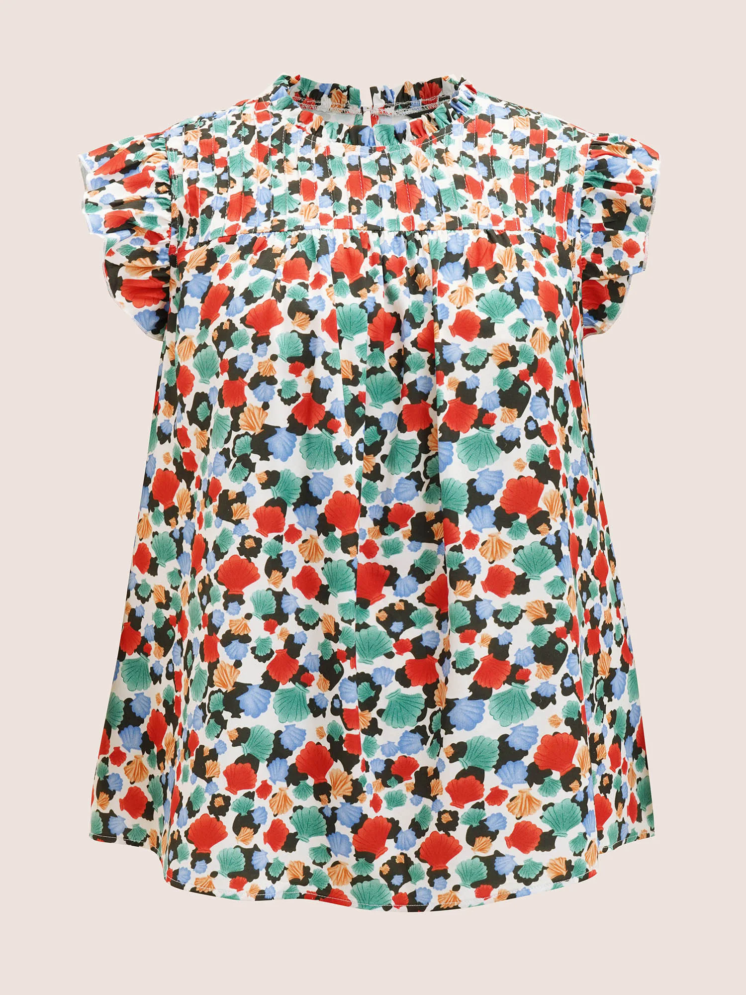 Shell Print Frill Trim Ruffle Cap Sleeve Blouse Shell Print Frill Trim Ruffle Cap Sleeve Blouse