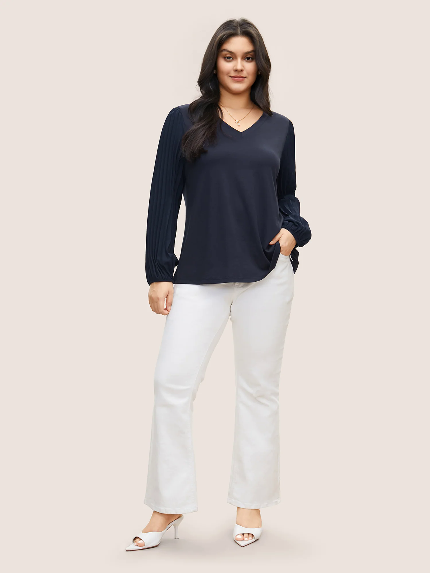 Solid Lantern Sleeve Patchwork Pleated T-shirt Solid Lantern Sleeve Patchwork Pleated T-shirt