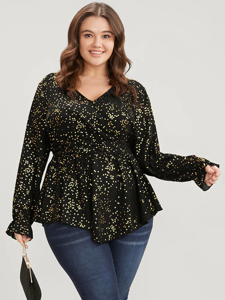 Star Print Lantern Sleeve Asymmetrical Ruffles Hem Wrap Blouse Star Print Lantern Sleeve Asymmetrical Ruffles Hem Wrap Blouse