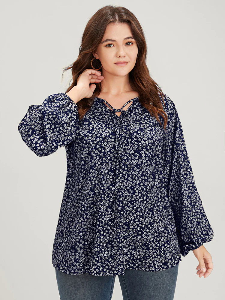 Ditsy Floral Lantern Sleeve Ties V Neck Blouse Ditsy Floral Lantern Sleeve Ties V Neck Blouse