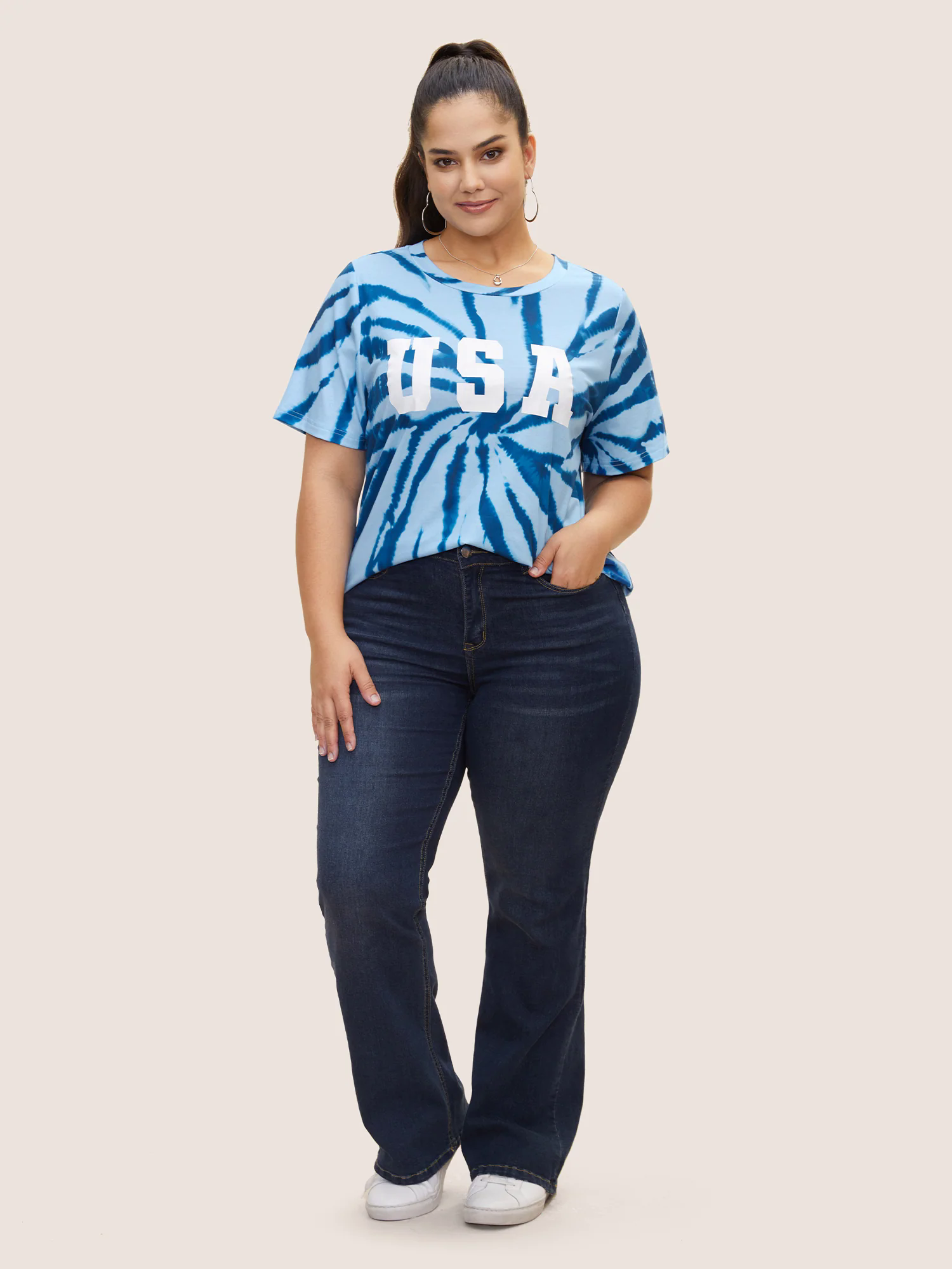 USA Print Round Neck Tie Dye T-Shirt