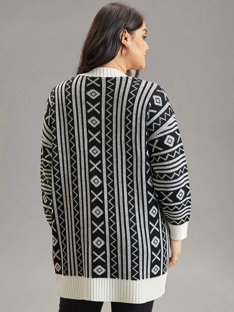Geometric Bandana Contrast Pocket Cardigan Geometric Bandana Contrast Pocket Cardigan