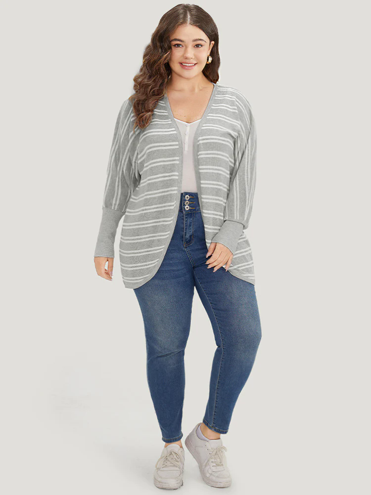 Striped Elastic Cuffs Arc Hem Cardigan Striped Elastic Cuffs Arc Hem Cardigan