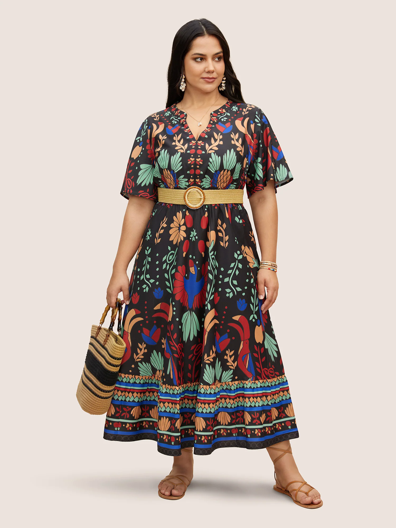 Bandana Print Shirred Elastic Waist Flutter Sleeve Dress